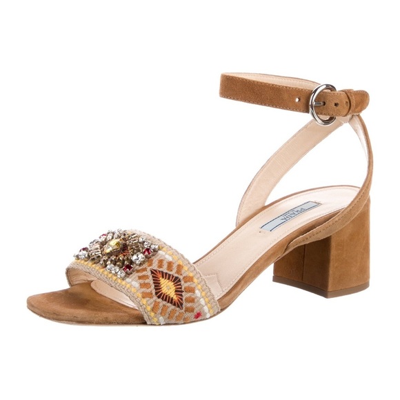 PRADA
Embellished Embroidered Block-Heel Leather Sandals - Picture 2 of 4